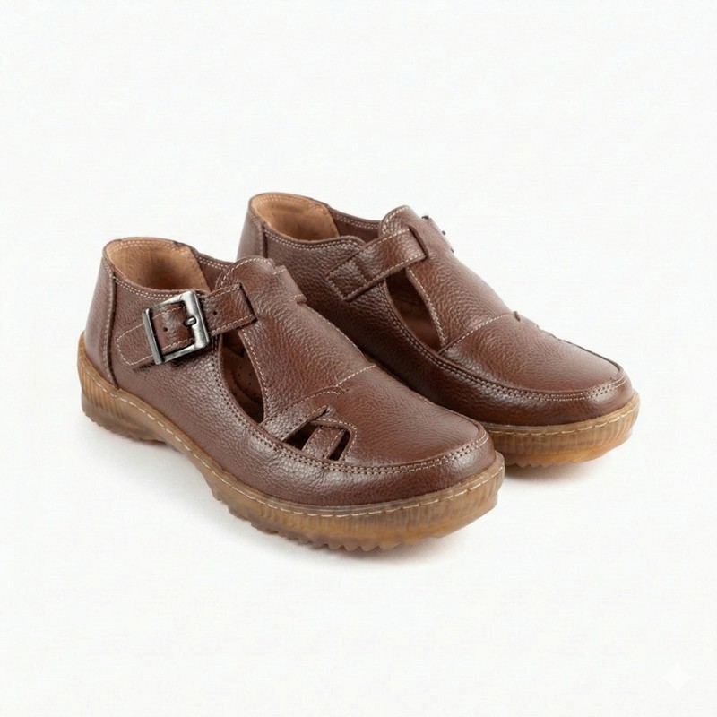 شوز حريمي جلد طبيعي لون بني بفرش جلد طبيعي ونعل كريب طبي طري مزود بخياطة لمتانة أكبر